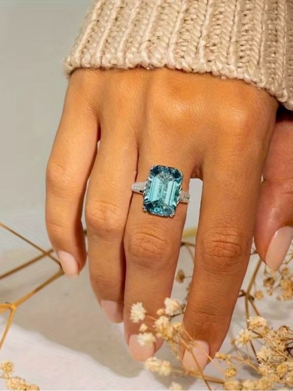Aquamarine Emerald-Cut Cocktail Ring for Women